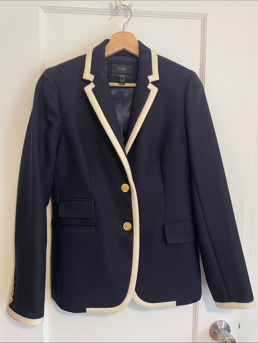 J. Crew Navy Wool Blazer with Cream Trim and Gold Buttons